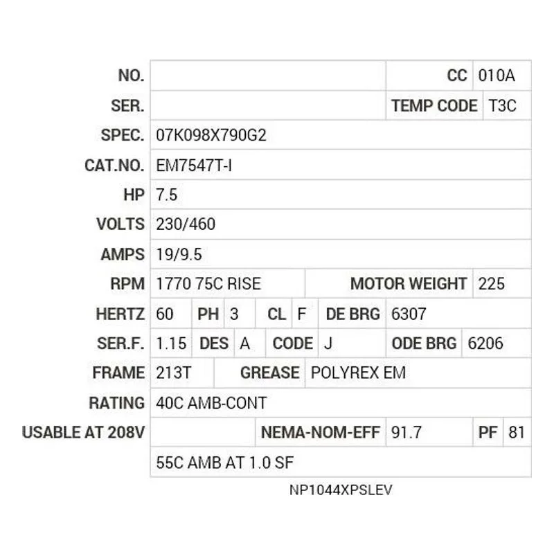 EM7547T-I Baldor 7.5 HP, MOTOR- RPM RPM, 3 PH, 60 HZ, 213T, 0735M, X Motor Nameplate - view 2