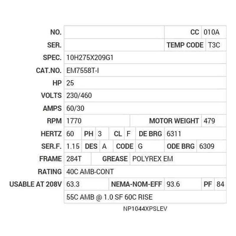 EM7558T-I Baldor 25 HP, 1770 RPM, 3 PH, 60 HZ, 284T, 1046M, XPFC, F1 Motor Nameplate - view 2