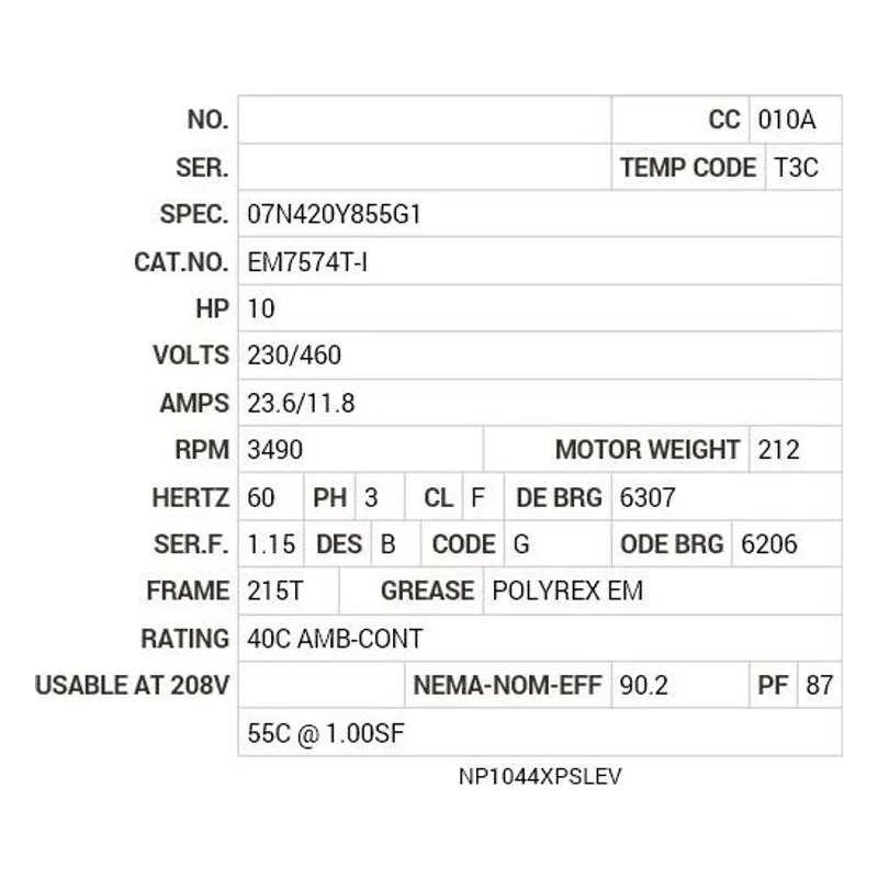 EM7574T-I Baldor 10 HP, 3490 RPM, 3 PH, 60 HZ, 215T, 0729M, XPFC, F1 Motor Nameplate - view 2