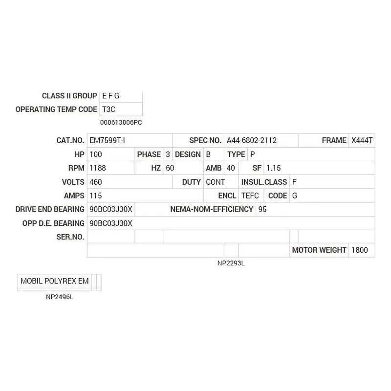 EM7599T-I Baldor 100 HP, 1188 RPM, 3 PH, 60 HZ, X444T, A44062M, TEF Motor Nameplate - view 2