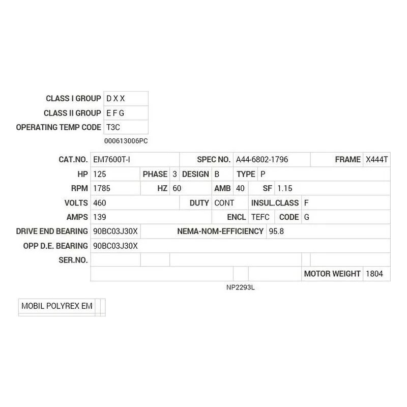 EM7600T-I Baldor 125 HP, 1785 RPM, 3 PH, 60 HZ, X444T, A44062M, TEF Motor Nameplate - view 2