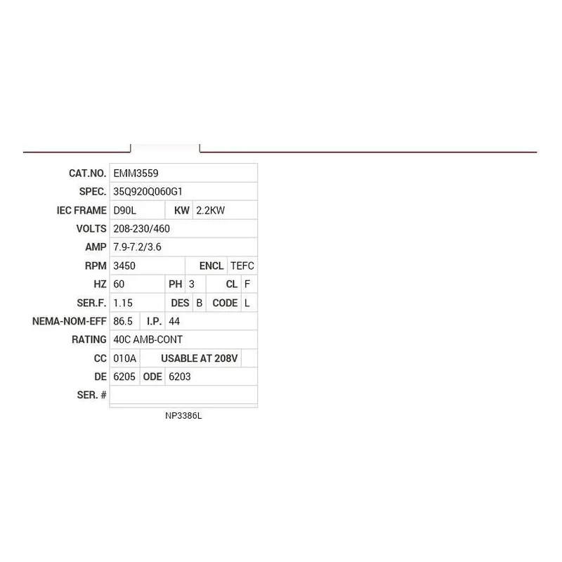 EMM3559 Baldor 2.2KW, 3450 RPM, 3 PH, 60 HZ, D90L, 3532M, TEFC, B Motor Nameplate - view 2