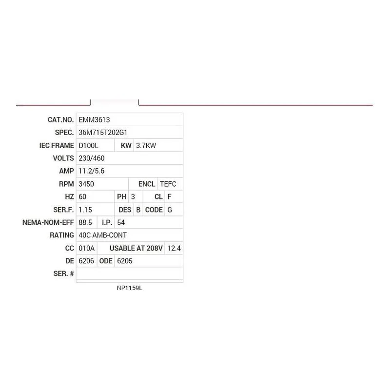 EMM3613 Baldor 3.7KW, 3450 RPM, 3 PH, 60 HZ, D100L, 3634M, TEFC Motor Nameplate - view 2