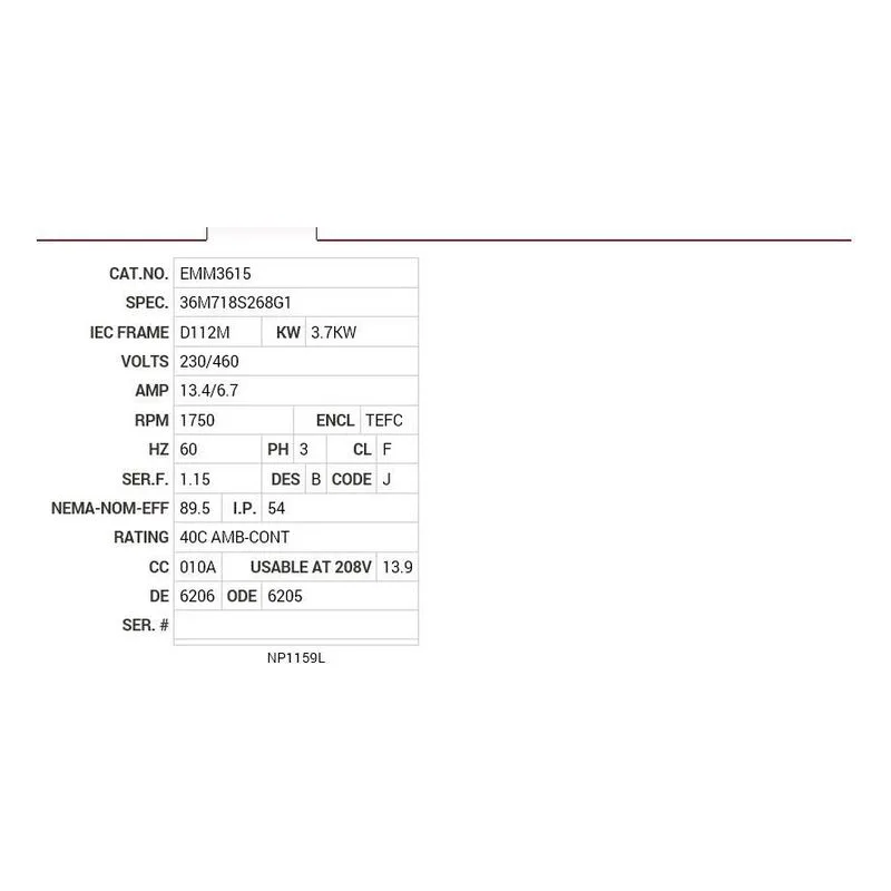 EMM3615 Baldor 3.7KW, 1750 RPM, 3 PH, 60 HZ, D112M, 3642M, TEFC Motor Nameplate - view 2