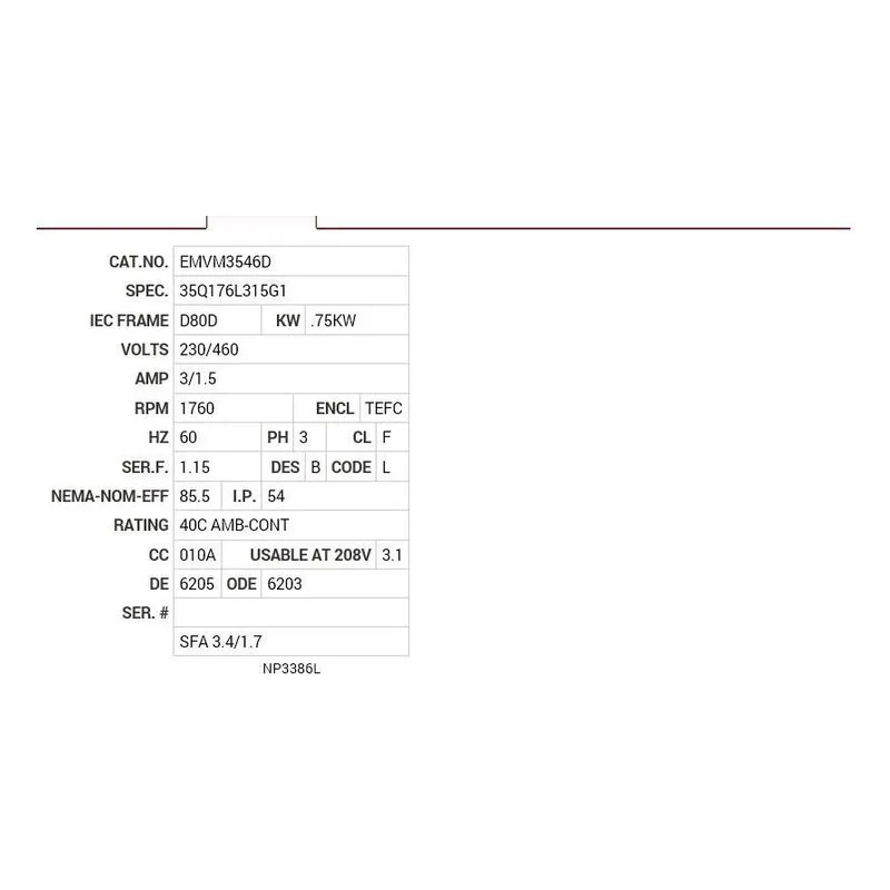 EMVM3546D Baldor .75KW, 1760 RPM, 3 PH, 60 HZ, D80D, 3519M, TEFC, B Motor Nameplate - view 2