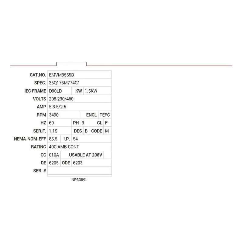 EMVM3555D Baldor 1.5KW, 3490 RPM, 3 PH, 60 HZ, D90LD, 3526M, TEFC Motor Nameplate - view 2