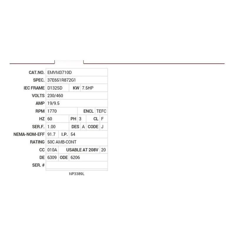 EMVM3710D Baldor 7.5 HP, 1770 RPM, 3 PH, 60 HZ, D132SD, 3738M, TEFC Motor Nameplate - view 2