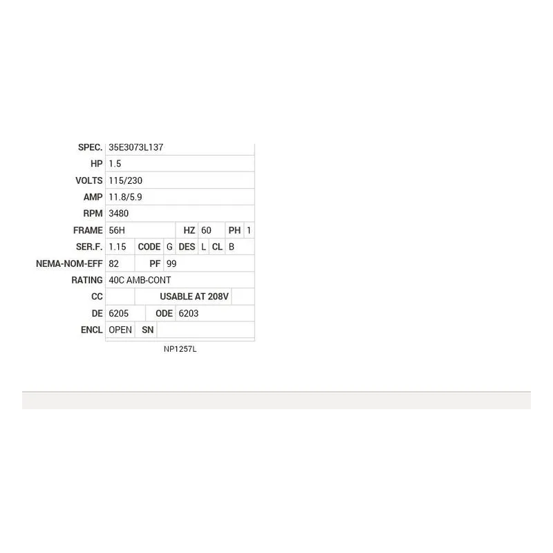 EPL1313M Baldor 1.5 HP, 3480 RPM, 1 PH, 60 HZ, 56H, 3532LC, OPEN, F Motor Nameplate - view 2