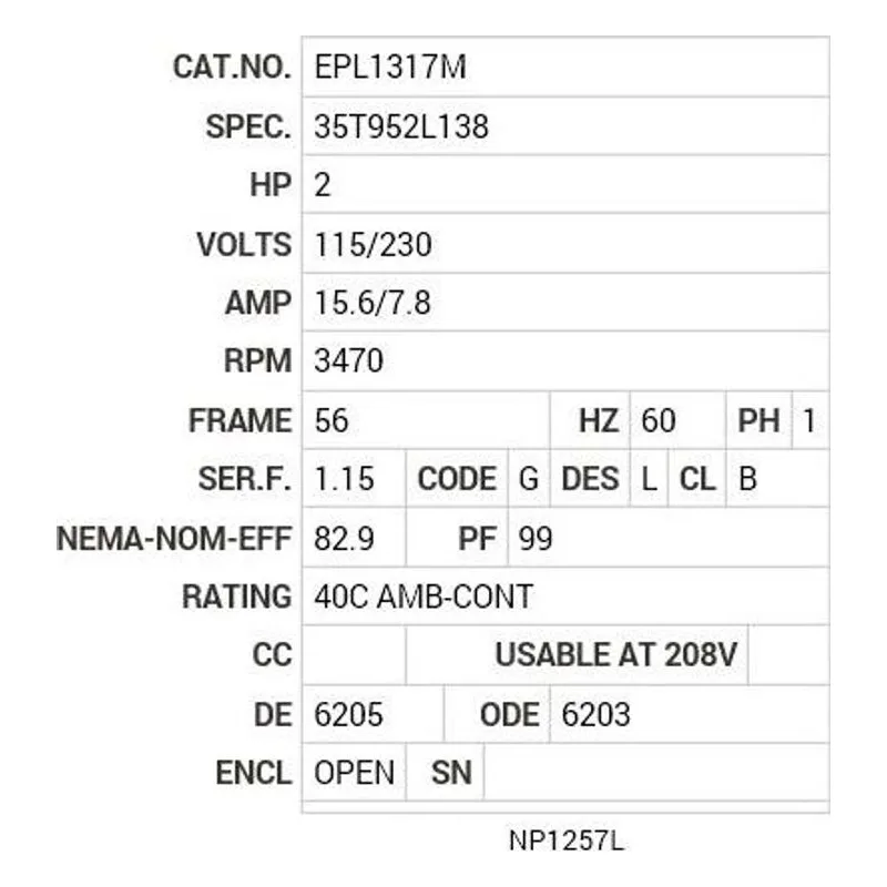 EPL1317M Baldor 2 HP, 3470 RPM, 1 PH, 60 HZ, 56, 3540LC, OPEN, F1, N Motor Nameplate - view 2