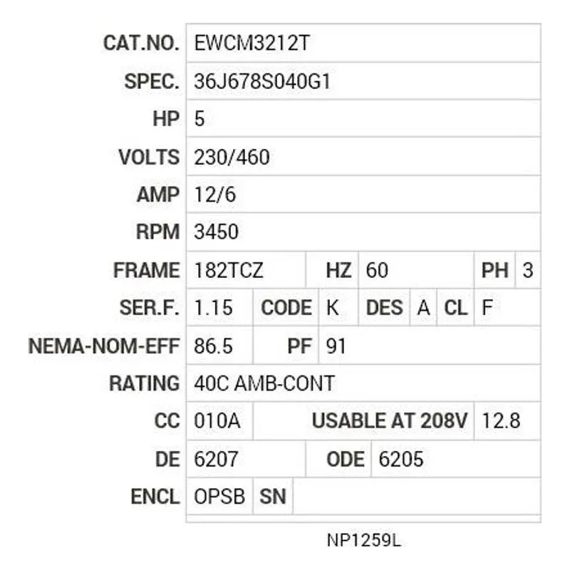 EWCM3212T Baldor 5 HP, 3450 RPM, 3 PH, 60 HZ, 182TCZ, 3623M, OPSB, F Motor Nameplate - view 2