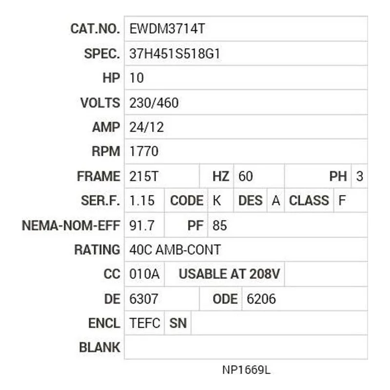EWDM3714T Baldor 10 HP, 1770 RPM, 3 PH, 60 HZ, 215T, 3752M, TEFC, F1 Motor Nameplate - view 2