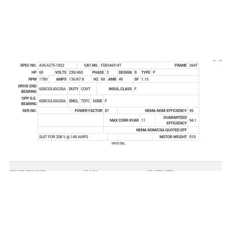 FDEM4314T Baldor 60 HP, 1780 RPM, 3 PH, 60 HZ, 364T, 1462M, TEFC, F1 Motor Nameplate - view 2