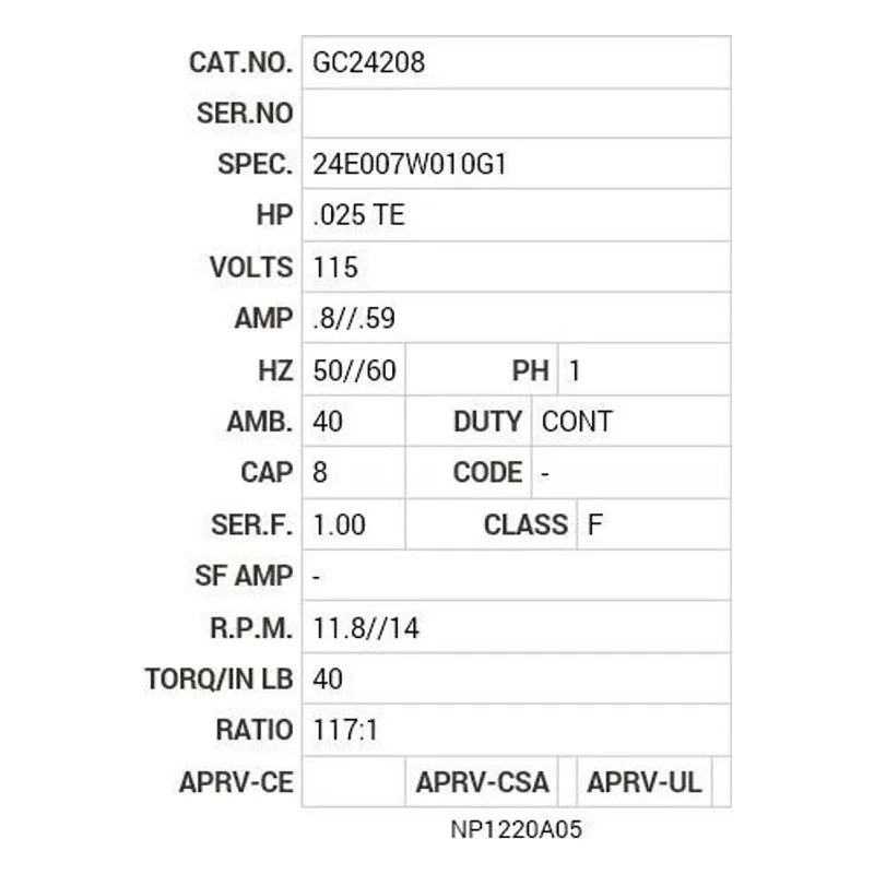 GC24208 Baldor .25 HP, 1380/1640 RPM, 1 PH, 50/60 HZ, DB-0 Motor Nameplate - view 2