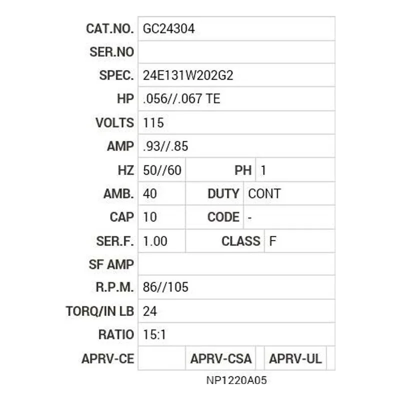 GC24304 Baldor G.M. T18BA 115V AC 50/60 HZ  15:1 Motor Nameplate - view 2