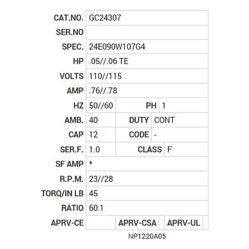 GC24307 Baldor .05/.06 HP, 1400 RPM, 1 PH, 50/60 HZ, K-1, 2416C Motor Nameplate - view 2