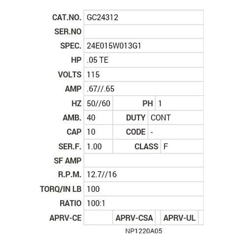 GC24312 Baldor G.M. T16EA 115V AC 100:1 CAT# GC24312 Motor Nameplate - view 2