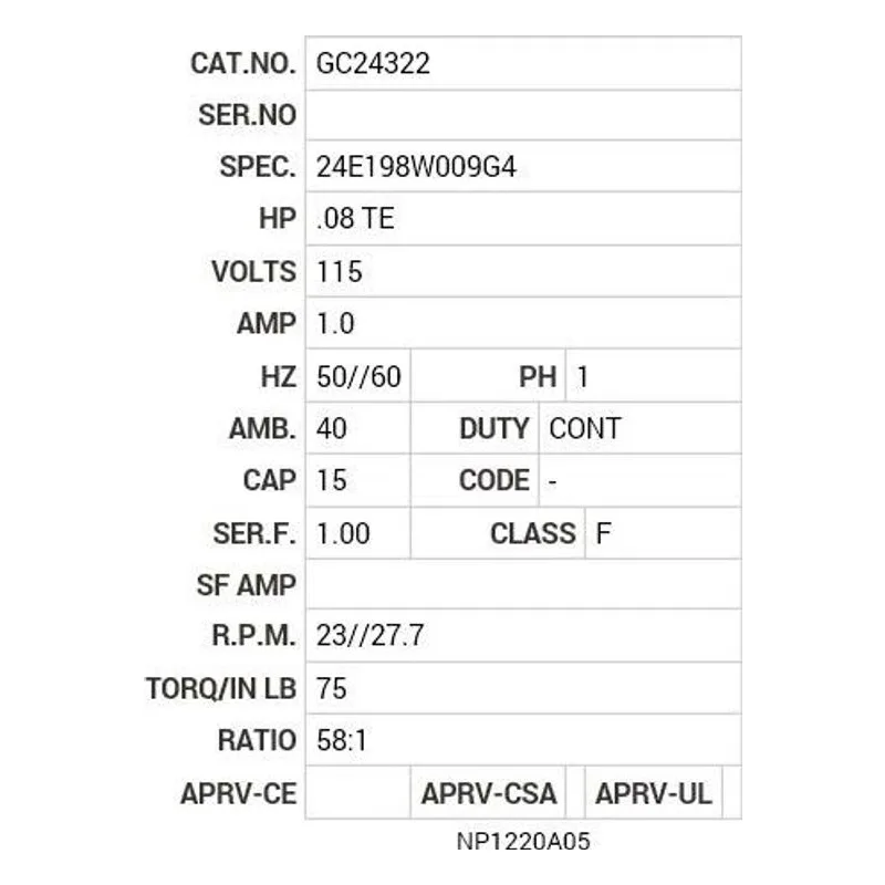 GC24322 Baldor .08 HP, 1340 RPM, 1 PH, 50/60 HZ, CB-0, 2424C Motor Nameplate - view 2