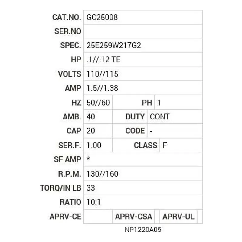GC25008 Baldor .1/.12 HP, 1350 RPM, 1 PH, 50/60 HZ, K-1, 2520C Motor Nameplate - view 2