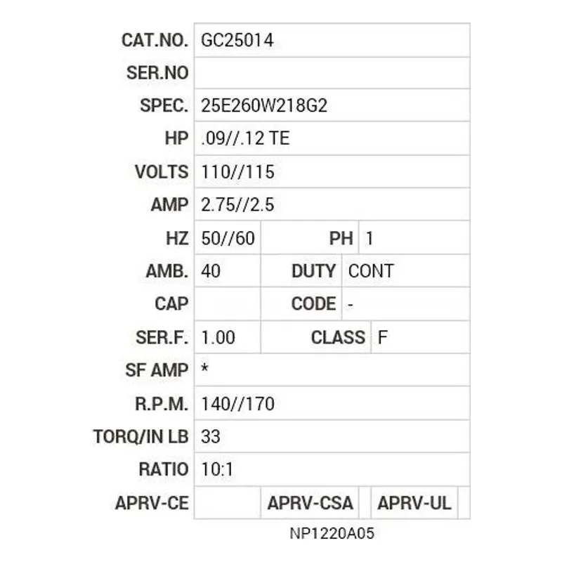 GC25014 Baldor .09/.12 HP, 1400 RPM, 1 PH, 50/60 HZ, K-1, 2524S Motor Nameplate - view 2