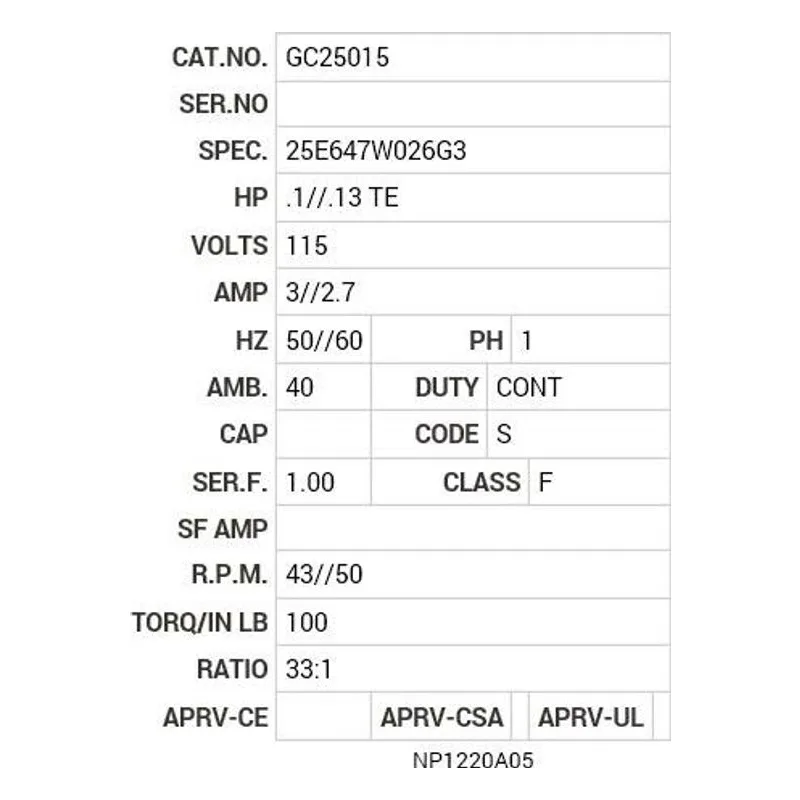 GC25015 Baldor GM JK TEFC RSB 33:1 DBL EXT Motor Nameplate - view 2