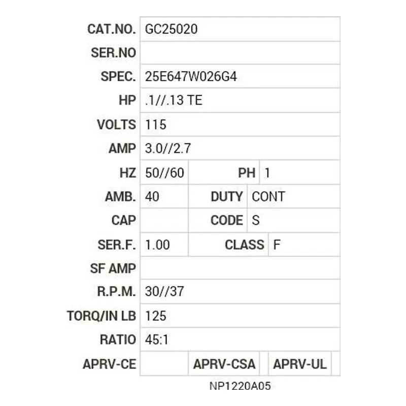 GC25020 Baldor GM JK TEFC RSB 45:1 DBL EXT Motor Nameplate - view 2