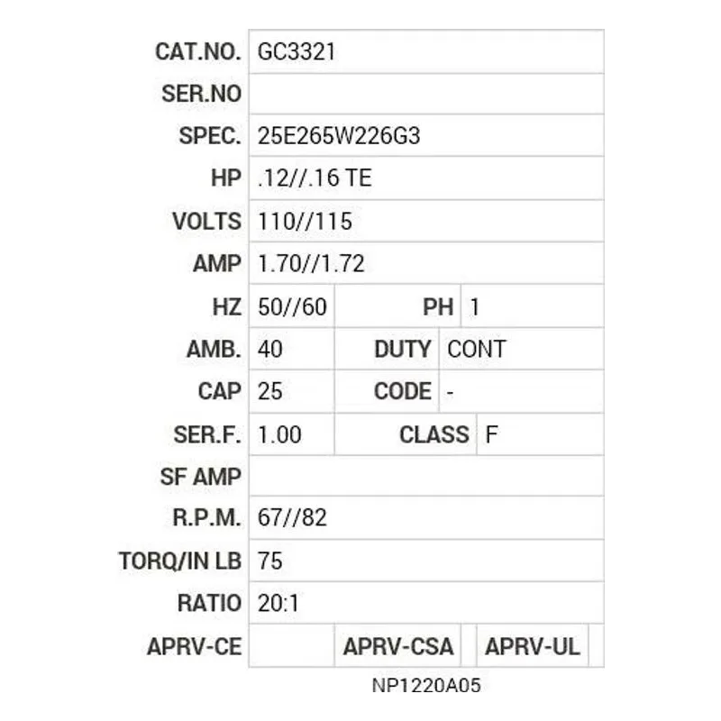 GC3321 Baldor .12/.16 HP, 1350 RPM, 1 PH, 50/60 HZ, K-1, 2524C Motor Nameplate - view 2