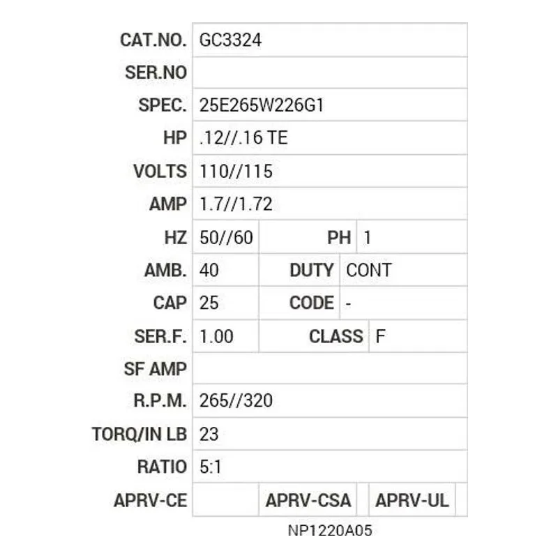 GC3324 Baldor .12/.16 HP, 1350 RPM, 1 PH, 50/60 HZ, K-1, 2524C Motor Nameplate - view 2