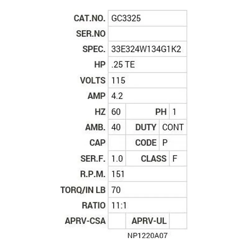 GC3325 Baldor G.M.115VAC 11:1 151 RPM Motor Nameplate - view 2