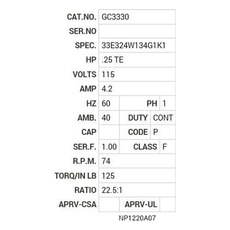 GC3330 Baldor 115VAC 22.5:1 Motor Nameplate - view 2
