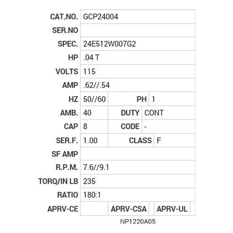 GCP24004 Baldor G.M. T16KA 115V AC 180:1 7.6//9.1  RPM Motor Nameplate - view 2