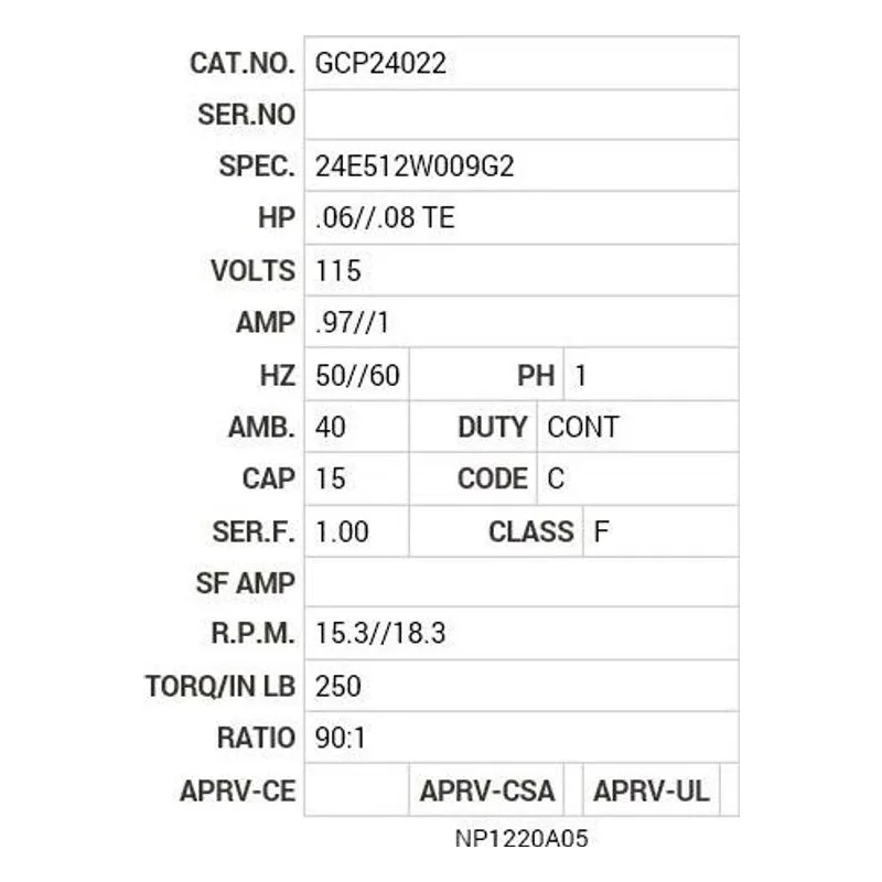 GCP24022 Baldor G.M. T24KA 115V AC 90:1 15//18.2  RPM Motor Nameplate - view 2