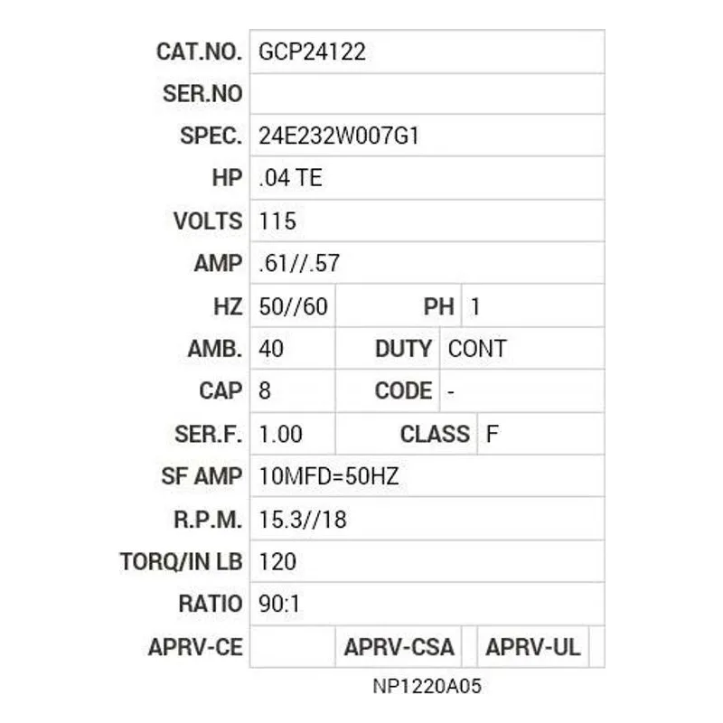 GCP24122 Baldor .04 HP, 1350 RPM, 1 PH, 50/60 HZ, PSSH-0, 2416C Motor Nameplate - view 2