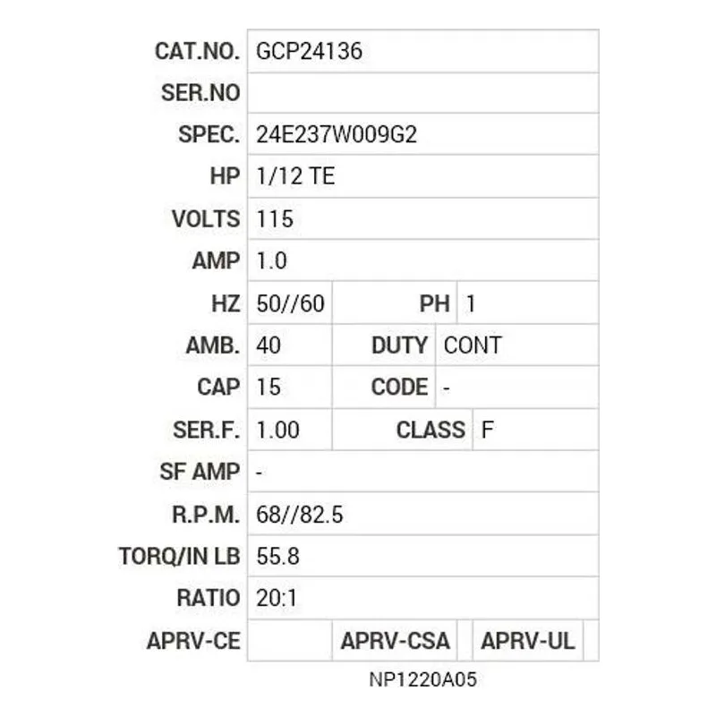 GCP24136 Baldor .08 HP, 1340 RPM, 1 PH, 50/60 HZ, PSSH-0, 2424C Motor Nameplate - view 2