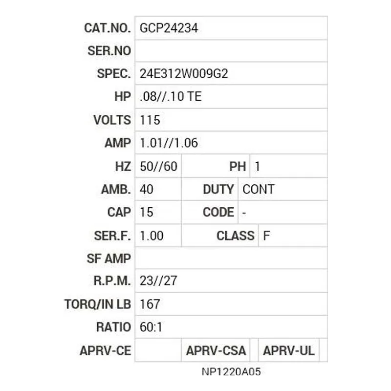 GCP24234 Baldor .08/.10 HP, 1340 RPM, 1 PH, 50/60 HZ, PSM-0 Motor Nameplate - view 2