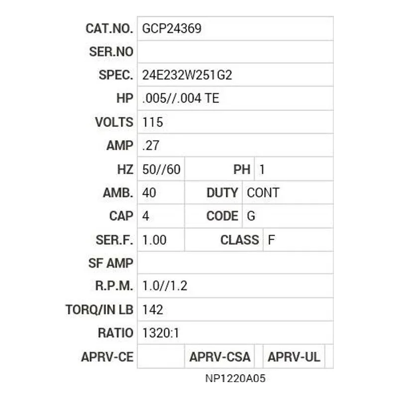 GCP24369 Baldor G.M. T12NA 115V AC 1320:1 Motor Nameplate - view 2