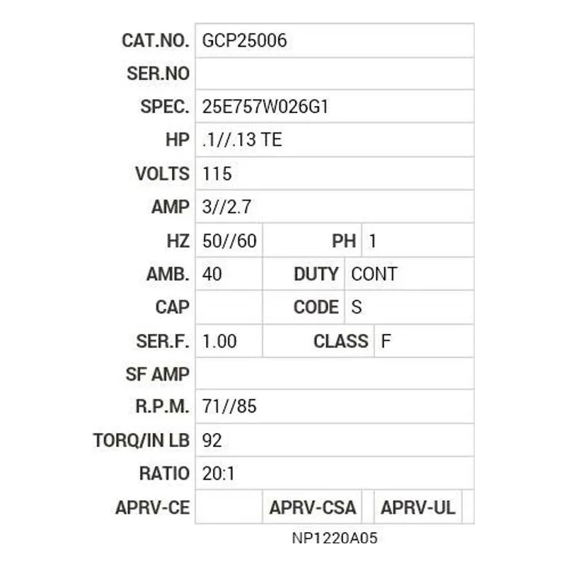 GCP25006 Baldor G.M. K24KF 115V AC 71//85  RPM  20:1 Motor Nameplate - view 2