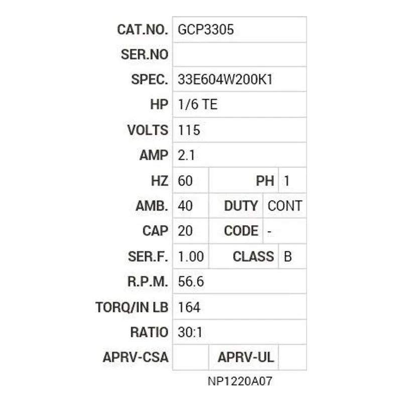 GCP3305 Baldor OUTPUT HP, 1700 RPM, 1 PH, 60 HZ, PSLH, 3316C, TEN Motor Nameplate - view 2