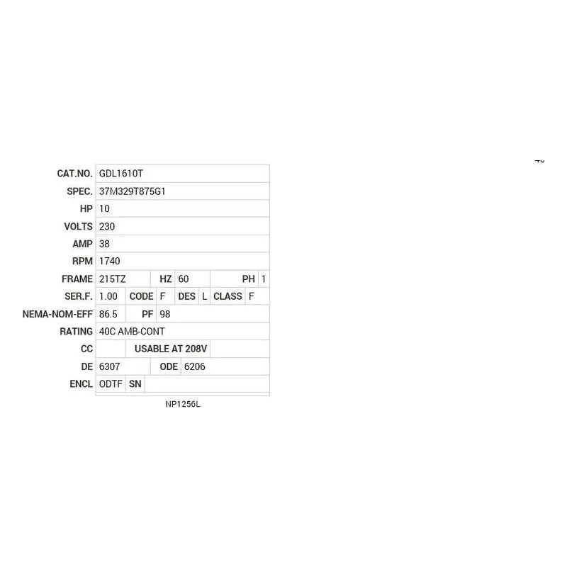 GDL1610T Baldor 10 HP, 1740 RPM, 1 PH, 60 HZ, 215TZ, 3748LC, ODTF Motor Nameplate - view 2
