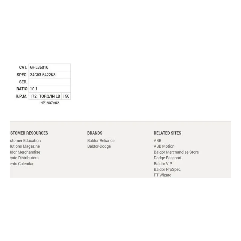 GHL35010 Baldor G.M. Q21PF 115/230VAC 10:1 175  RPM Motor Nameplate - view 2
