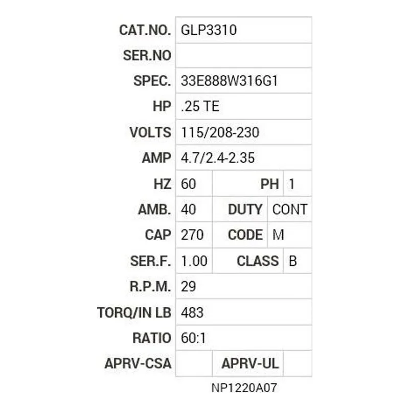 GLP3310 Baldor .25 HP, 1725 RPM, 1 PH, 60 HZ, PSLH, 3320L, TEFC,  Motor Nameplate - view 2