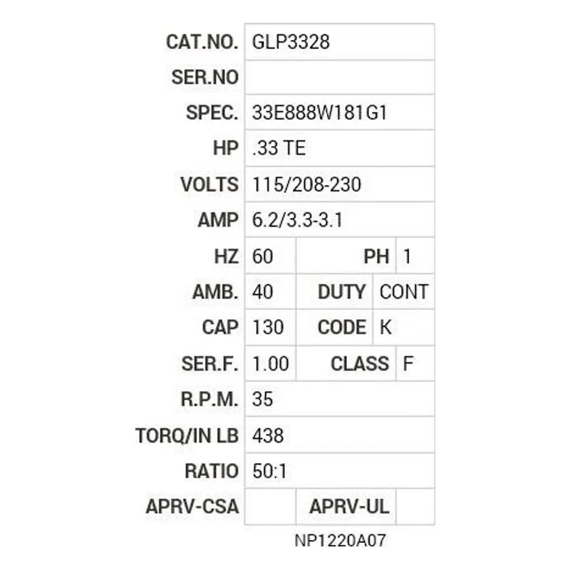 GLP3328 Baldor .33 HP, 1725 RPM, 1 PH, 60 HZ, PSLH, 3324L, TEFC,  Motor Nameplate - view 2