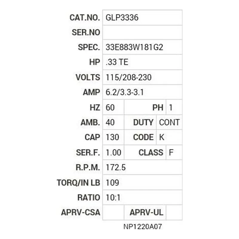 GLP3336 Baldor .33 HP, 1725 RPM, 1 PH, 60 HZ, PSLH, 3324L, TEFC,  Motor Nameplate - view 2