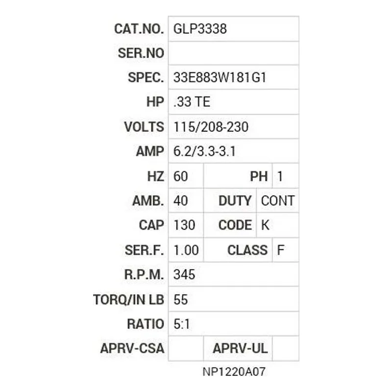 GLP3338 Baldor .33               TE HP, 1725 RPM, 1 PH, 60 HZ Motor Nameplate - view 2