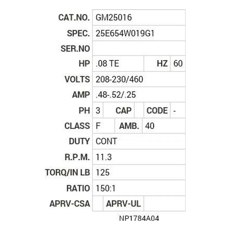 GM25016 Baldor G.M. K16EA 208-230/460V AC DA 150:1 Motor Nameplate - view 2