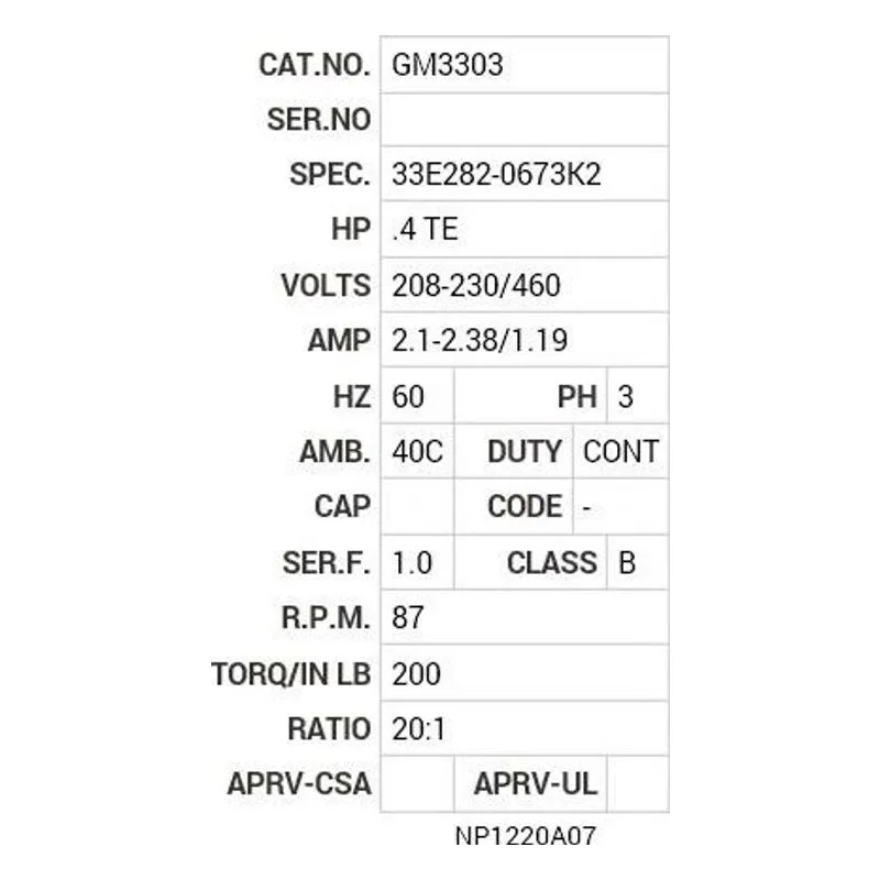 GM3303 Baldor G.M. F20UF 230/460 86  RPM 20:1 Motor Nameplate - view 2