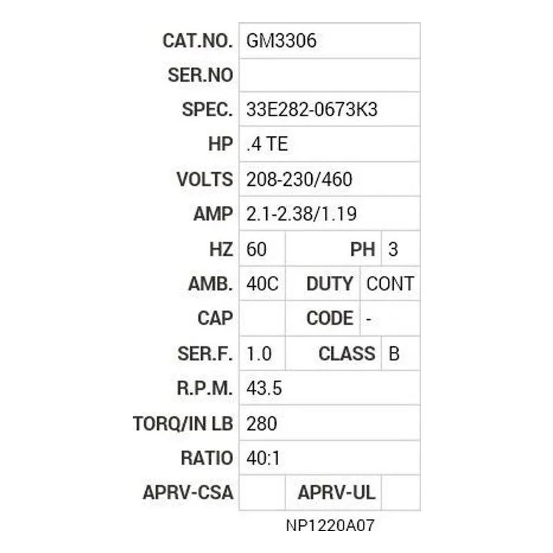 GM3306 Baldor G.M. F20UF 230/460 43  RPM 40:1 Motor Nameplate - view 2