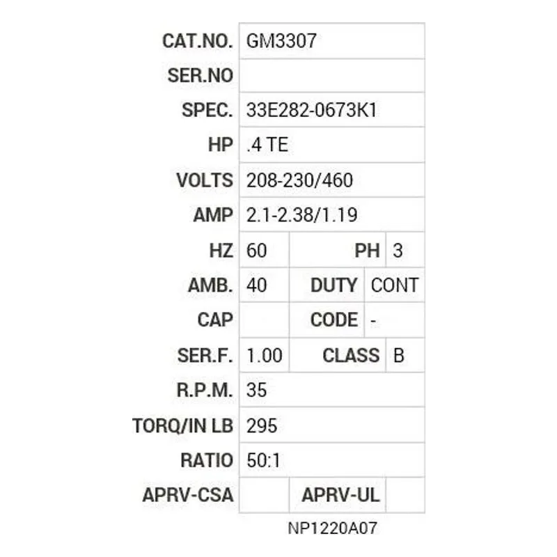 GM3307 Baldor G.M. F20UF 208-230/460 35  RPM 50:1 Motor Nameplate - view 2