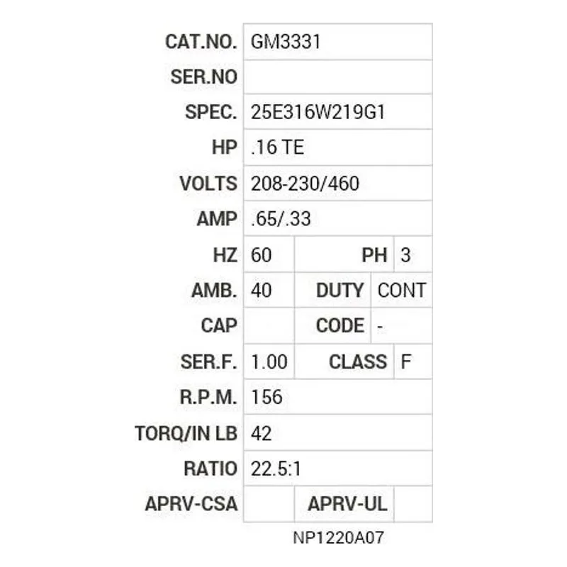 GM3331 Baldor .16 HP, 3400 RPM, 3 PH, 60 HZ, CA-1, 2512M, TEFC Motor Nameplate - view 2
