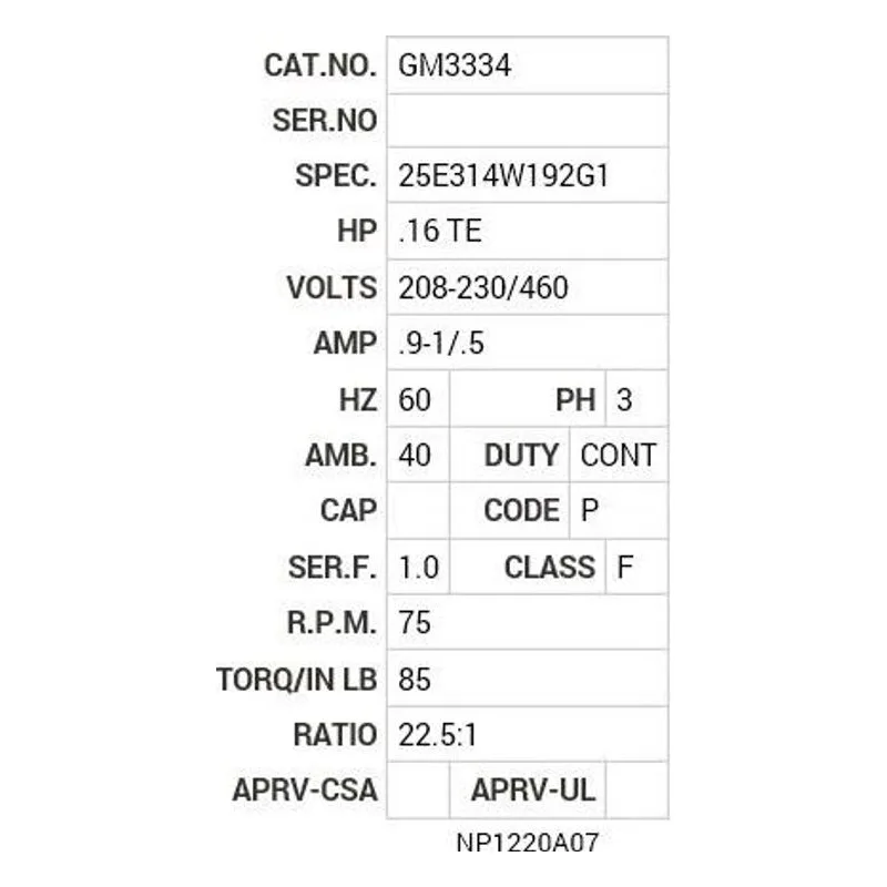 GM3334 Baldor .16 HP, 1725 RPM, 3 PH, 60 HZ, -1, 2520M, TEFC, GM Motor Nameplate - view 2