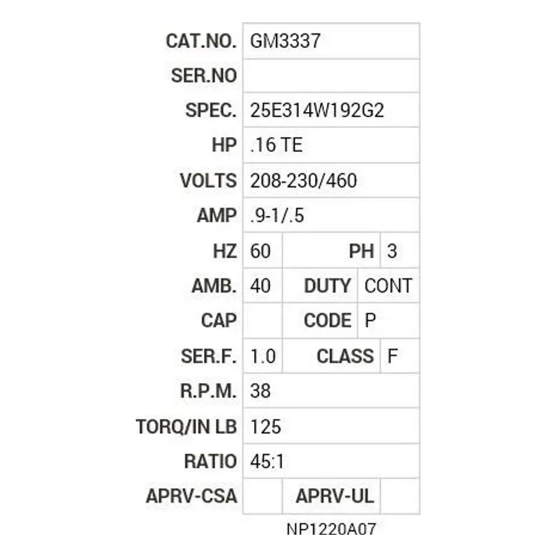 GM3337 Baldor .16 HP, 1725 RPM, 3 PH, 60 HZ, JK-1, 2520M, TEFC Motor Nameplate - view 2
